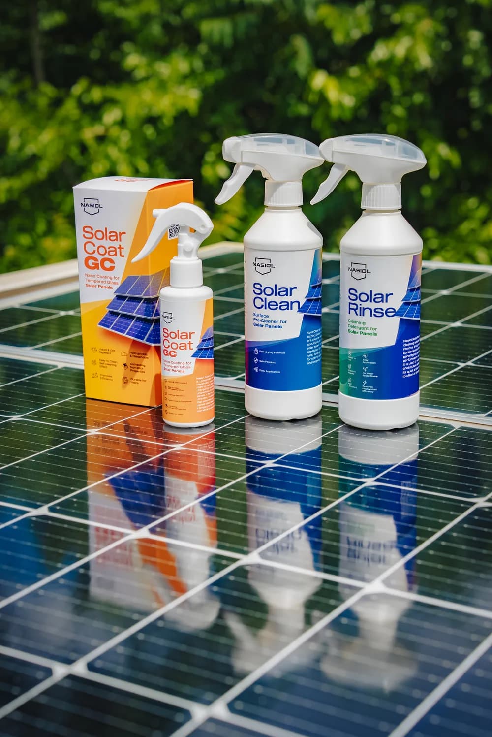 SolarCoat GC, SolarClean and SolarRinse standing on reflective photovoltaic panels